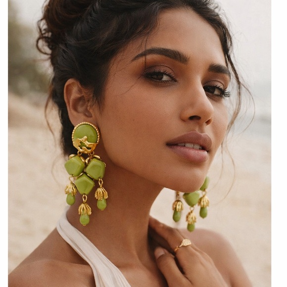 Lime Green & Gold Statement Drop Earrings – Modern Geometric Chandelier Style - Picture 6 of 7